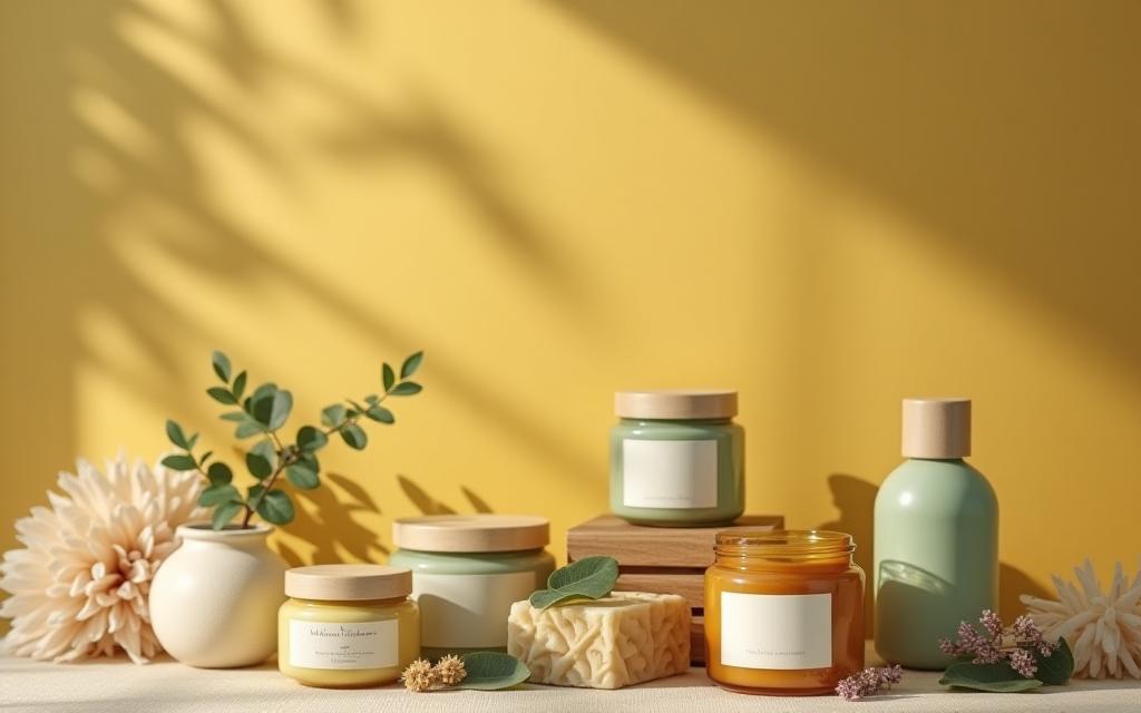 Collection of natural handmade soaps and skincare products including bars, jars, and bottles beautifully arranged.